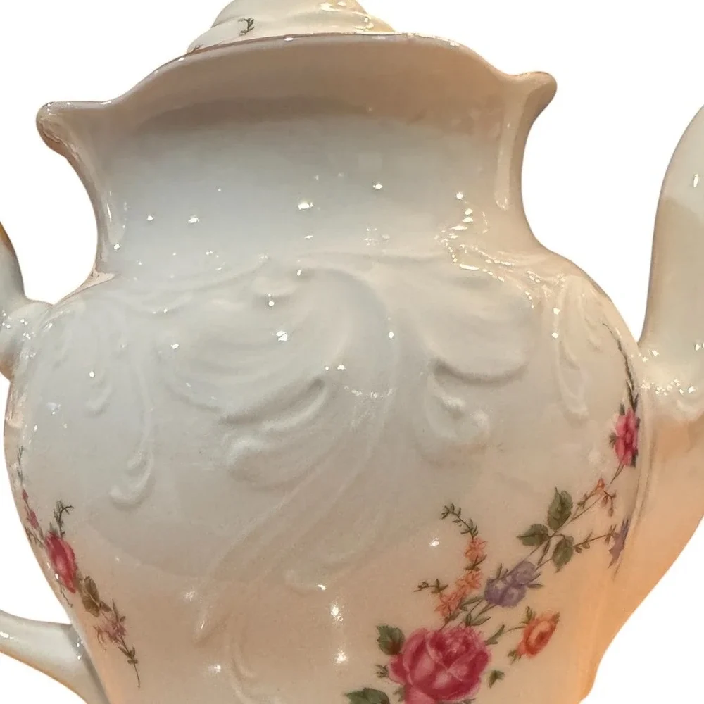 WAWEL POLAND Vintage China Teapot - Rose Floral Gold Trim Mid Century